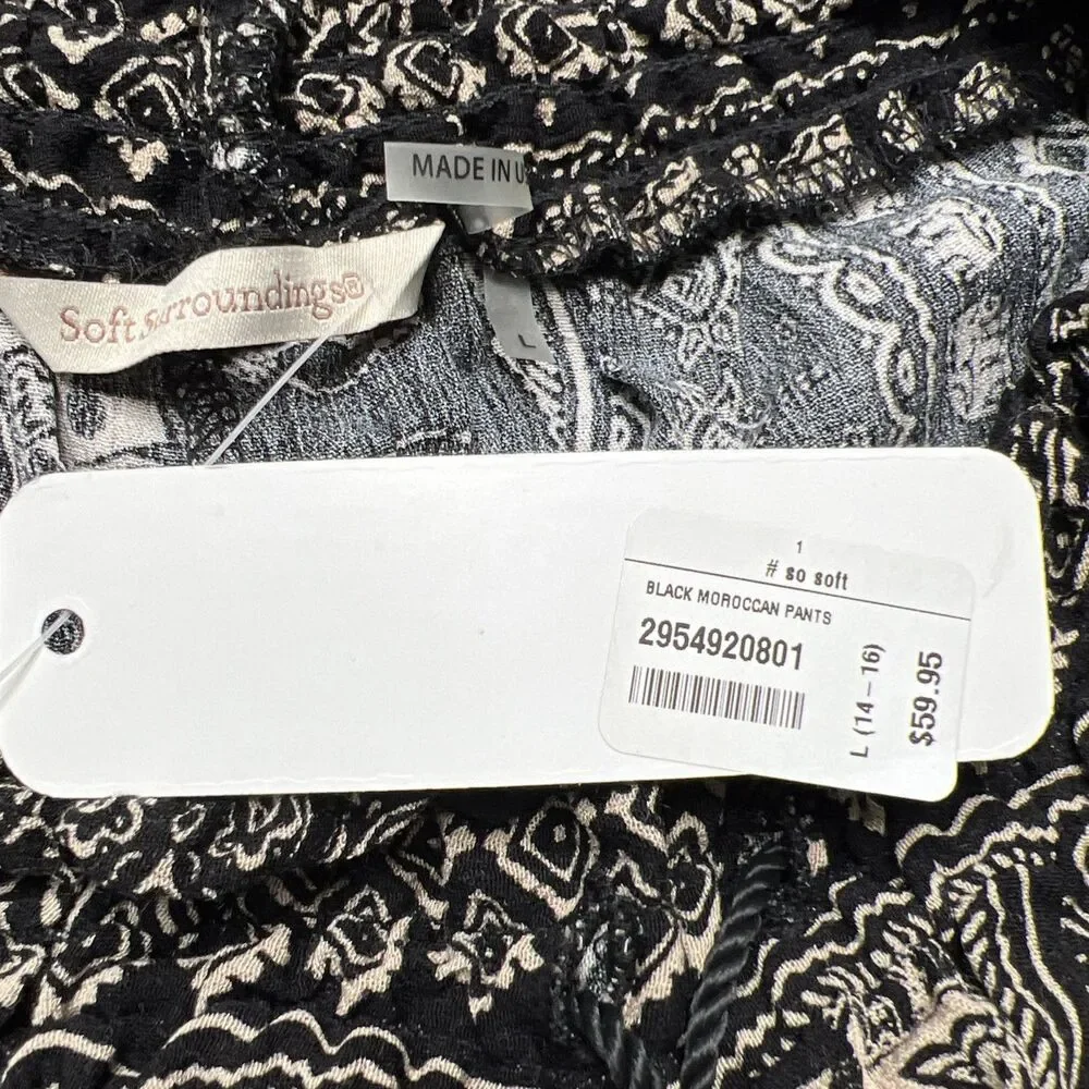 Soft Surroundings Elephant Print Palazzo Pant Black Tan Large Elastic Tassel NWT - Picture 6 of 11